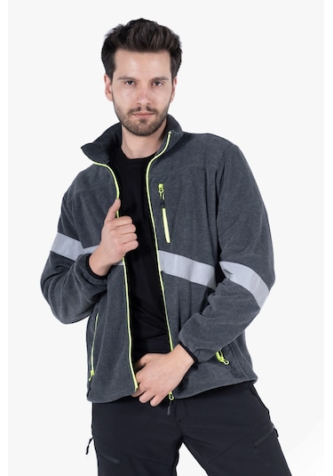 Neon Sarı Fermuarlı Reflektörlü Polar Gri Melanj