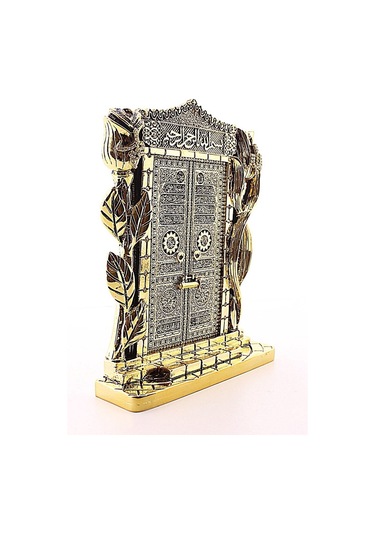 Gold Biblo 25 Cm Gül Kabe Kapısı Allah Muhammed Yazılı Polyester Üzerine Metal Kaplama Biblo