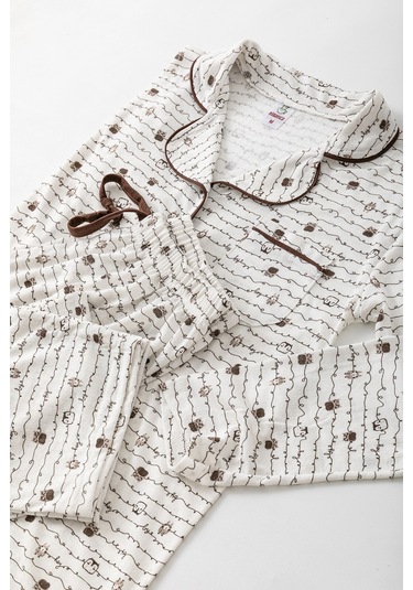 Uzun Kol Gömlek Yaka Kadın Pinterest Pijama Takımı - Mevsimlik Kadın Pijama- Geniş Beden Aralığı Kahve