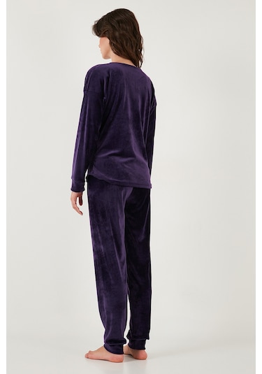 Lela Regular Fit Yumuşak Dokulu Kadife Bayan Pijama Takımı 6094200W4 Koyu Mor