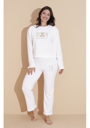 Mr 9010 Havlu Kumaş Ayıcık Nakışlı Kışlık Kadın Eşofman Pijama Takımı Beyaz