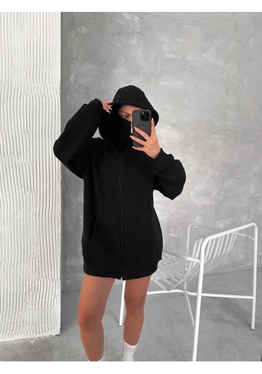Kadın Samuray Ninja Çift Kapşonlu Zıp Fermuarlı Kanguru Çepli Hoodie Maske Detaylı Swetshirt - Siyah Siyah