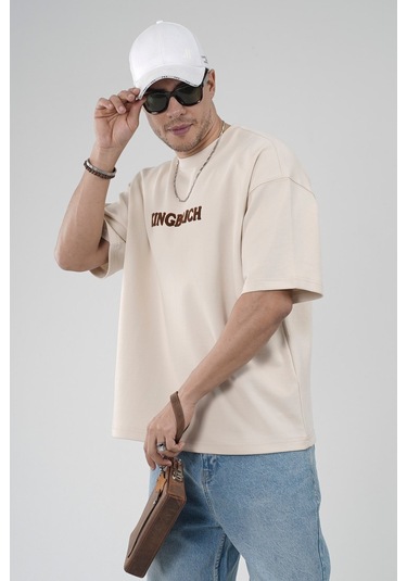 King-Brich Oversize Kalıp Kingbrich Baskılı Tişört Bej