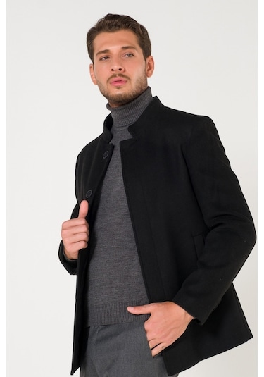 Erkek Slim Fit Hakim Yaka Siyah Kısa Kaşe Kaban-Siyah