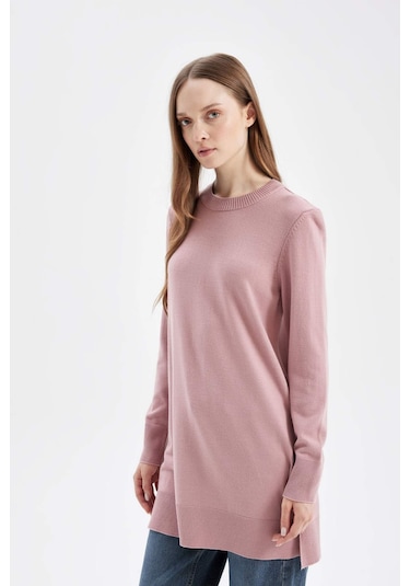 Defacto Regular Fit Bisiklet Yaka Yırtmaçlı  Basic Düz Kazak Tunik H3431AZ24AUBR451 Bordo