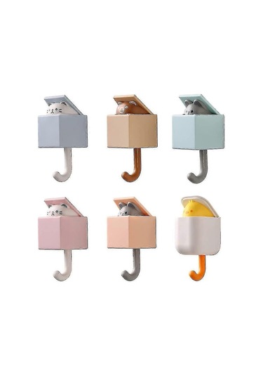 Kedi Kancalı Kapı Askısı - 6 Adet Sevimli Dikişsiz Anahtar Şemsiye Havlu Başlık Kancası Gri Kedi Diğer