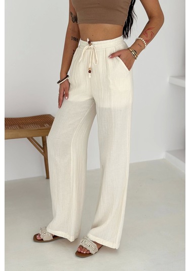 Beli Lastikli Geniş Paça Pantolon Ekru Ekru