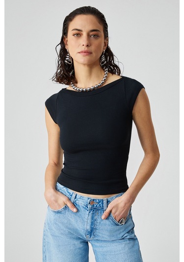 Grımelange Noemı Kadın Balerin Yaka Kısa Kol Slim Fit Ribanalı Siyah Bluz Siyah