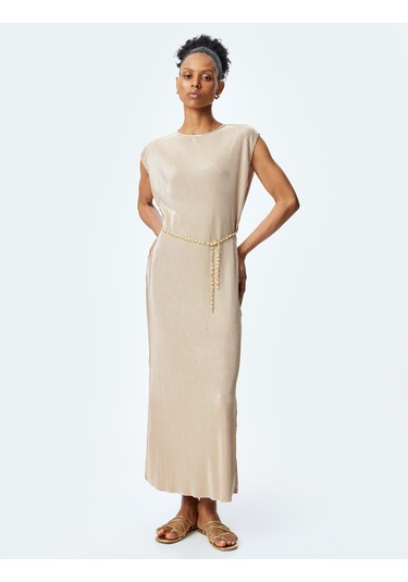 Koton Kemer Detaylı Yuvarlak Yaka Kolsuz Piliseli Uzun Elbise Altın 5sak80009uk Altın Rengi Altın