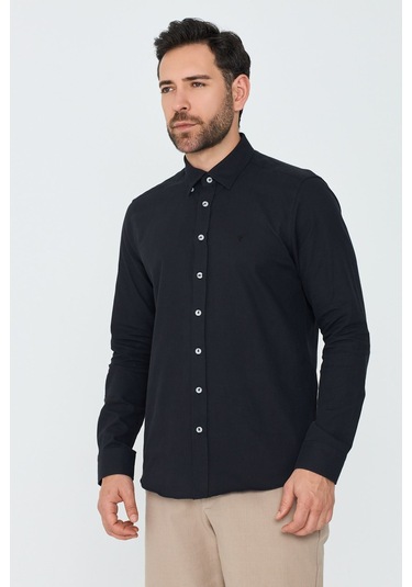 White Stone Siyah %100 Pamuk Dynamic Fit Erkek Uzun Kollu Gömlek
