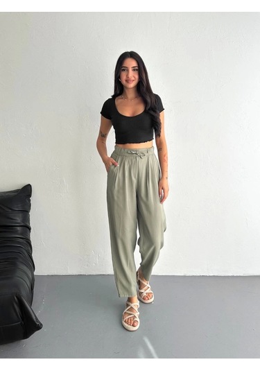 Kadın Yüksel Bel Beli Bağcıklı Cepli Rahat Paça Pantalon - Su Yeşili Su Yeşili