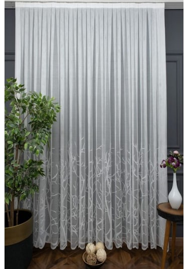 Tül Perde Grek Serpme Nakışlı Tasarım Zarif Moda Desen 1/3kat Pileli Tül Perde BEYAZ