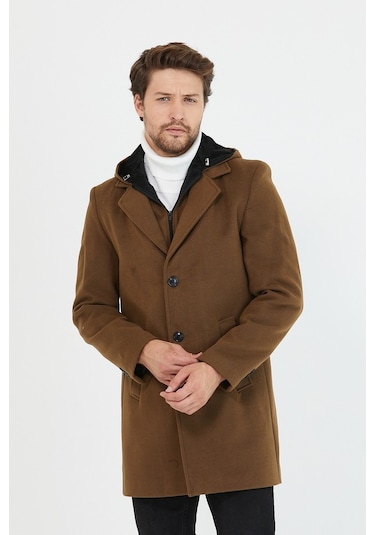 Erkek Taba Yün Karışımlı Kaşe Kapüşonlu Önü Fermuarlı Kaban-Taba