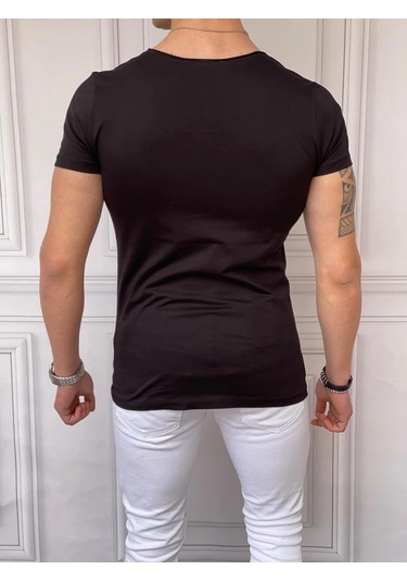 Modefendi Slim Fit Derin Açık Yaka Pamuklu Tshırt Siyah