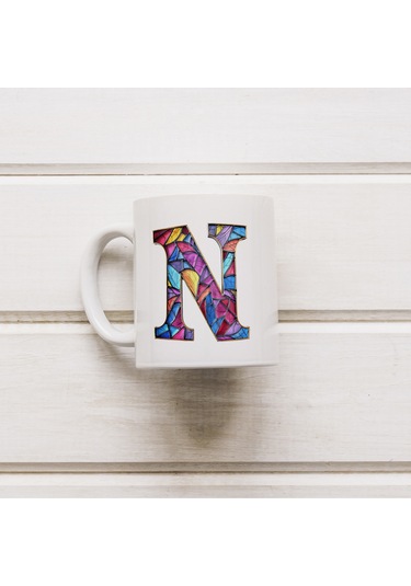 N Harfi Bardak 330 Ml İsme/harfe Özel Hediye, Renkli Harf Tasarım Beyaz
