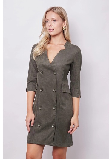 Kadın Kadife Likralı Yumuşak Dokulu Kruvaze Kapri Truvakar Kol Kolu Yırtmaçlı Ofis Ceket Elbise-haki Haki