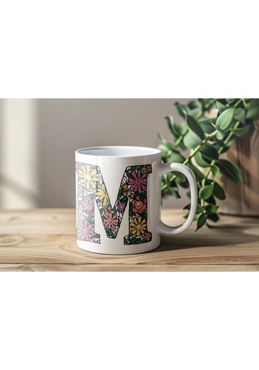 M Baş Harf Çiçek Desenleri İle Natural Tarz Kupa Bardak - Kişiye Özel Çiçekli Kahve Çay Bardak - Beyaz