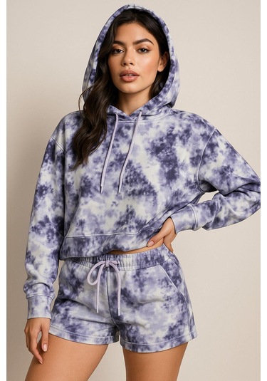 Kadın Lila Kapüşonlu Sweatshirt-şortlu Alt Üst Takım Oversize Batik Desen İkili Takım Çok Renkli