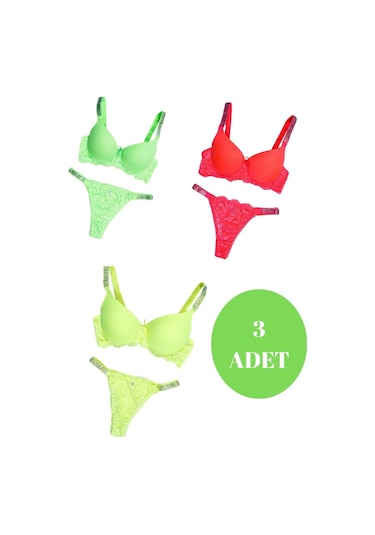 Murays Kadın 3lü Taşlı Mikro Sütyen Takım Yeşil/orange/sarı
