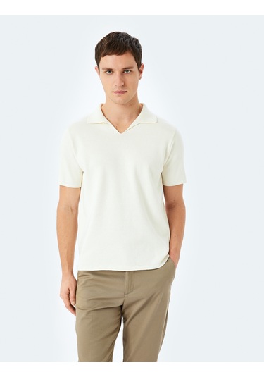 Koton Pamuklu V Polo Yaka Kısa Kollu Triko Kazak Ekru 5sam70005ht Ekru
