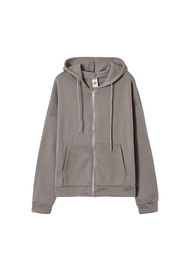 Bej Kazak Hoodie Büyük Boy Kapşonlu Hırka Tişörtü Gri Kadın Giyim Katı Fermuarlı Kapüşonlular Sonbahar Kadın Uzun Kollu Tops Bej