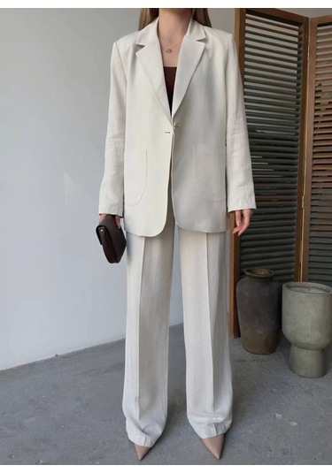 Keten Ceket Pantolon İlik Düğmeli Uzun Kollu Yırtmaçlı İkili Takım - Beyaz Beyaz