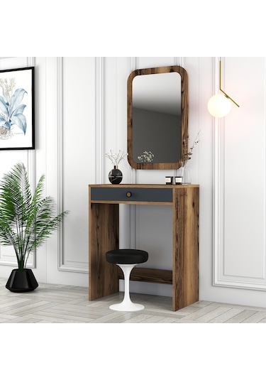 Lizbon Mini Makyaj Masası Aynalı - Ceviz / Antrasit