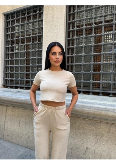 Taş Renk Modal Kumaş Bisiklet Yaka Takım Taş