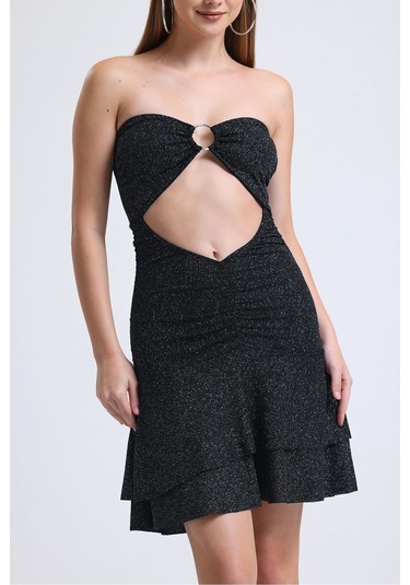 Siyah Önden Halkalı Bel Kısmı Açık Cift Kat Kloş Etekli Elbise Siyah