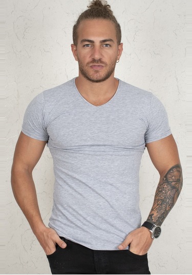 Erkek Gri V Yaka Likralı Dar Kesim Basic Düz Tişört 1801165 Gri Erkek Gri V Yaka Likralı Dar Kesim Basic Düz Tişört 1801165 Gri