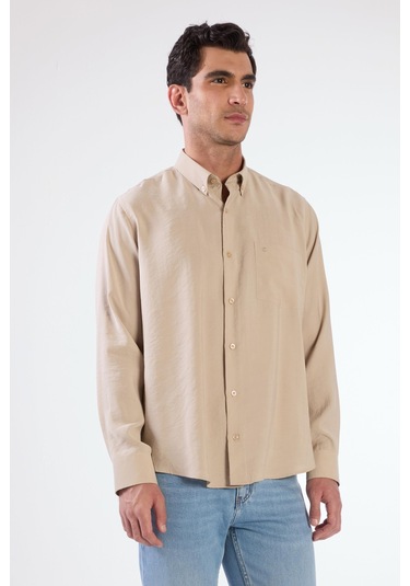 Bej Modal Düz Renk Regular Fit Erkek Gömlek Bej
