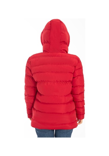 Spor Kadın Kapüşonlu Polarlı Kürklü Su Geçirmez Rüzgara Dayanıklı Şişme Mont Kaban Parka Kırmızı