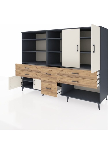 Kronos Dolap 10 Raflı 6 Çekmeceli 4 Kapaklı 220x59x163 Antrasit-a Antrasit-aytaşı/çam