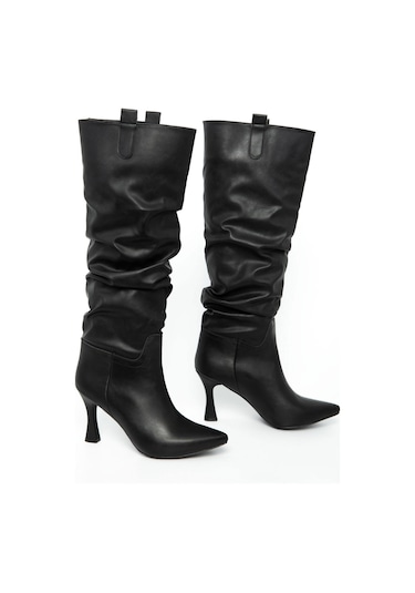 Ventes Bilek Büzgülü İnce Topuklu Kadın Çizme 5038511-z Siyah Cilt