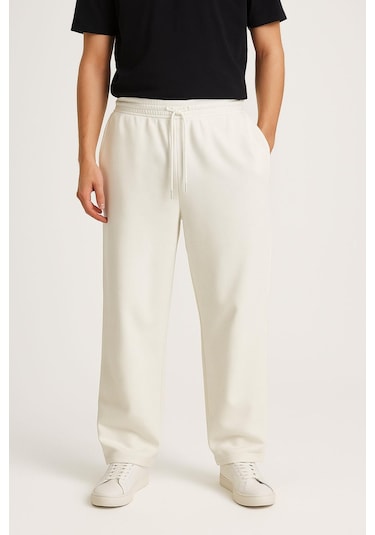 Erkek Düz Paça 3 İplik Şardonlu Rahat Kesim Premium Kumaş Eşofman Altı Ekru