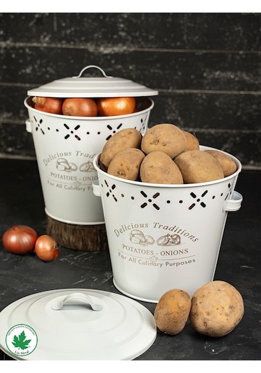 Lüx Metal Patates Soğanlık Kovası Sebze Saklama Kabı Beyaz