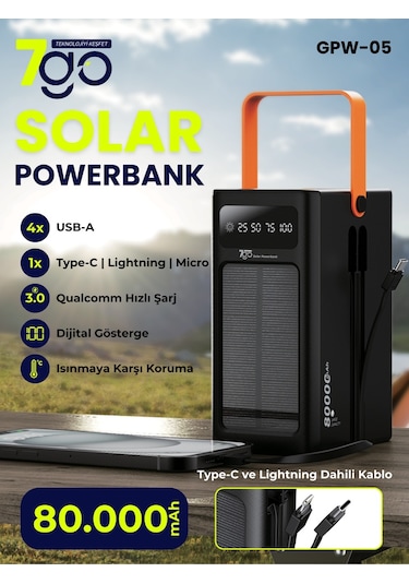 7go Gpw-05 80.000mah Solar Powerbank 4xusb-a, Qualcomm 3.0 Hızlı Şarj, Dahili Lightning & Usb-c Ka Siyah