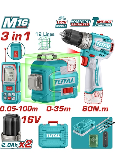 Total TOSLI250101E 16V Darbeli Matkap  + 100 M Lazer Metre Avantaj Set