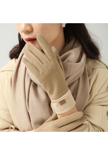 Cbtx Dokunmatik Özellikli Şık Mode Kadife Sıcak Soğuk Dayanıklı Kadın Eldiven Haki