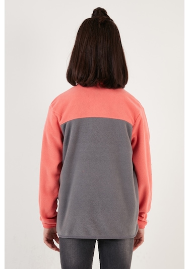 Lela Yumuşak Dokulu Fermuarlı Renk Bloklu Dik Yaka Cepli Hırka Unisex Çocuk Polar 5905001 Somon-Gri