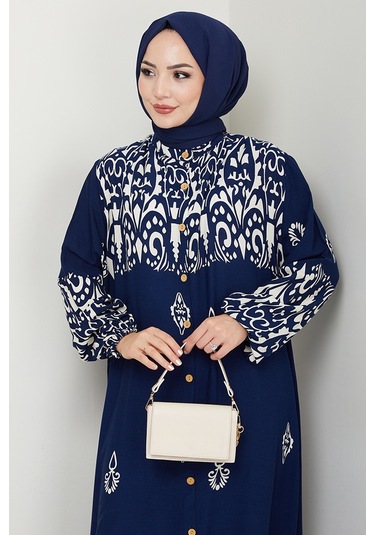 Çilay Düğmeli Dokuma Viskon Elbise 1561 - Lacivert Lacivert
