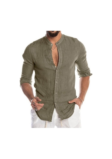 Askeri Yeşil Erkek Pamuklu Keten Uzun Kollu Henley Gömlek Rahat Bol Düğmeli Üstler Tişört Haki