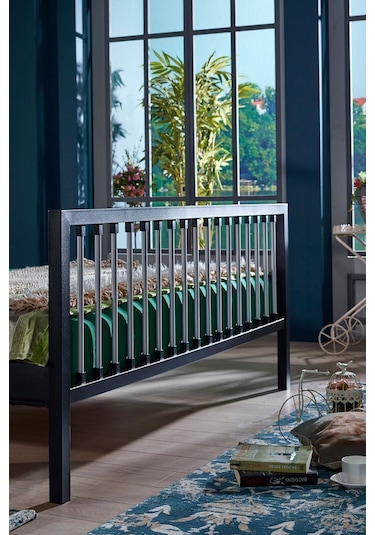 Breeze Çift Kişilik Ferforje Metal Karyola Siyah-gri Ahşap Latalı