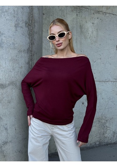 Kadın Kayık Yaka Full Esnek Asimetrik Kesim Comfort Spor Şık Tasarım Yumoş Bluz Bordo