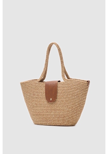 Shule Bags Duffy Kapaklı Handmade Hasır Tote Çanta Vizon Vizon