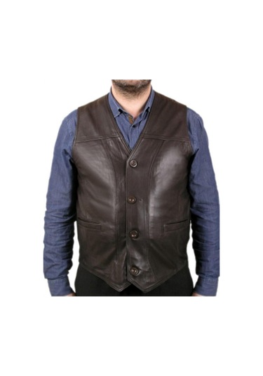 Hakiki Kuzu Derisi Düğmeli Erkek Deri Yelek Kahverengi Kahve