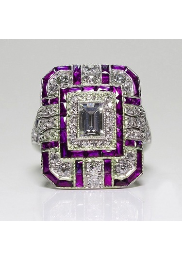 Luxury Square Women Crystal Zircon Engagement Ring, Ring Size:6 Purple Çok Renkli