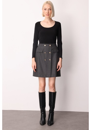 Ekol Kadın Beli Lastikli Süs Düğmeli Mini Etek 2019 Siyah Siyah