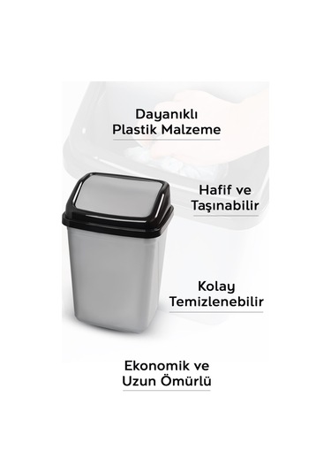 Kapaklı Plastik Çöp Kovası - Ev Ofis Banyo Mutfak Çöp Kovası Gri 10 Litre Gri