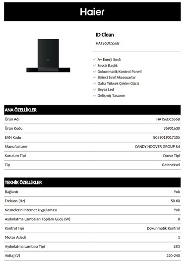 Haier HATS6DCS56B Duvar Tipi Davlumbaz